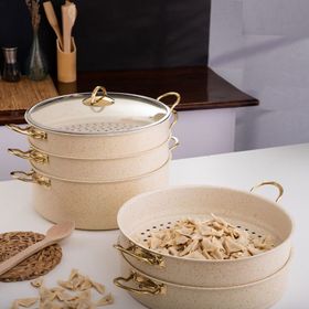 Evren 6 Parça 30 cm Cream Ezme Seri Buharlı Mantı Tencere Seti