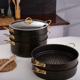 Evren 6 Parça 32 cm Gold Stone Ezme Seri Buharlı Mantı Tencere Seti