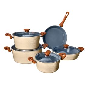 Evren 9 Parça Martello Creamic Dövme Desen Indüksiyon Tabanlı Seramik Krem Tencere Seti