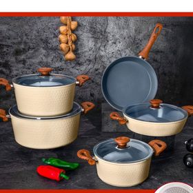 Evren 9 Parça Martello Creamic Dövme Desen Indüksiyon Tabanlı Seramik Krem Tencere Seti