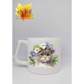 Eylül Design Çiçekli Kedi Baskılı Seramik Kupa Bardak