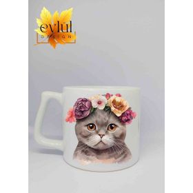 Eylül Design Çiçekli Kedi Baskılı Seramik Kupa Bardak