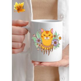 Eylül Design Çiçekli Kedi Temalı Sevimli Özel Tasarım Baskılı Kupa Bardak