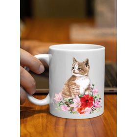 Eylül Design Çiçekli Kedi Temalı Sevimli Özel Tasarım Baskılı Kupa Bardak
