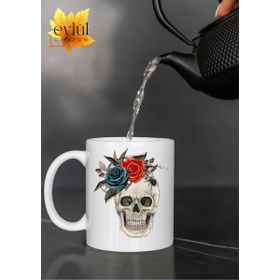 Eylül Design Çiçekli Kurukafa Temalı Sanat Özel Tasarım Baskılı Kupa