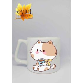 Eylül Design Kahve İçen Kedi Baskılı Seramik Kupa