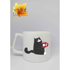 Eylül Design Kahve İçen Kedi Baskılı Seramik Kupa