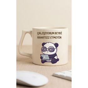 Eylül Design Krem Rengi Pandalı Çalışıyorum Rahatsız Etmeyin Yazılı Özel Tasarım Lüks Seramik Kupa Bardak