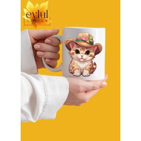 Eylül Design Sevimli Şapkalı Kedi Temalı Özel Tasarım Baskılı Kupa Bardak