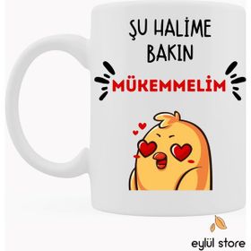Eylül Design Şu Halime Bakın Mükemmelim Yazılı Eğlenceli Esprili Özel Tasarım Baskılı Kupa Bardak