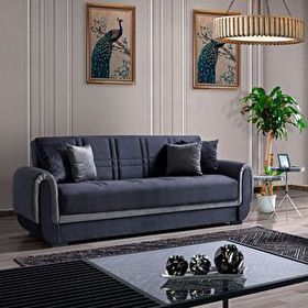 Eymense Yaprak Çekyatlı Antrasit Üçlü Kanepe Çekyat