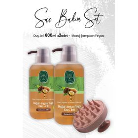 Eyüp Sabri Tuncer 2x600 ml Doğal Argan Yağlı Duş Jeli ve Pembe Masaj Şampuan Fırçası