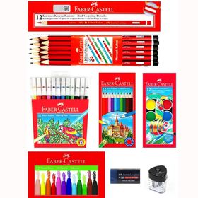 Faber Castell Mercanlı Kurşun Kalem Kırmızı Kalem ve 12 li Kuru Sulu Keçeli Pastel Boya