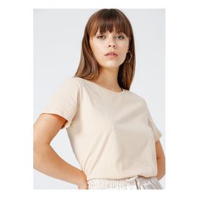 Fabrika 5003327954 TENGIZ Bej Bisiklet Yaka Basic Düz Kadın T-Shirt