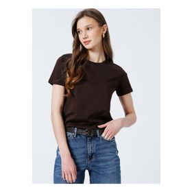 Fabrika 5003327966 Tengiz Kahve Bisiklet Yaka Düz Kadın T-shirt