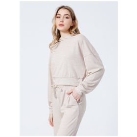 Fabrika B01-Ust Kapüşonlu Lastikli Basic Düz Bej Kadın Sweatshirt