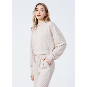 Fabrika B01-Ust Kapüşonlu Lastikli Basic Düz Bej Kadın Sweatshirt