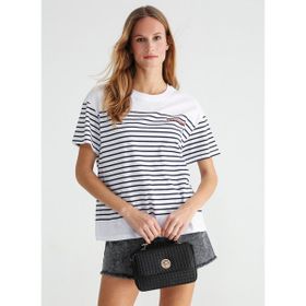 Fabrika Bori Lacivert-Beyaz Bisiklet Yaka Çizgili Kadın T-shirt
