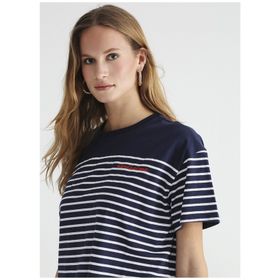 Fabrika Bori Lacivert-Beyaz Bisiklet Yaka Çizgili Kadın T-shirt