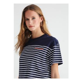 Fabrika Bori Lacivert-Beyaz Bisiklet Yaka Çizgili Kadın T-shirt