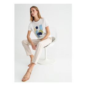 Fabrika Comfort CM-Burton Beyaz Bisiklet Yaka Varaklı Kadın T-shirt