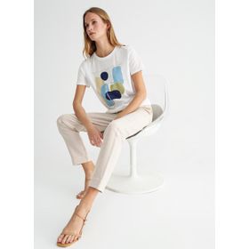 Fabrika Comfort CM-Burton Beyaz Bisiklet Yaka Varaklı Kadın T-shirt