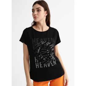 Fabrika Comfort CM-Zoes Siyah Bisiklet Yaka Taşlı Kadın T-shirt