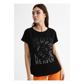 Fabrika Comfort CM-Zoes Siyah Bisiklet Yaka Taşlı Kadın T-shirt