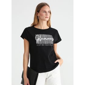 Fabrika Dusa Siyah Bisiklet Yaka Varaklı Kadın T-shirt