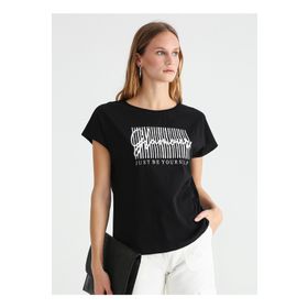 Fabrika Dusa Siyah Bisiklet Yaka Varaklı Kadın T-shirt