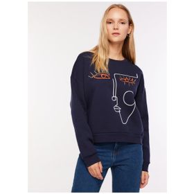 Fabrika F3WL-SWT2 Bisiklet Yaka Nakışlı Lacivert Kadın Sweatshirt