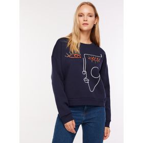 Fabrika F3WL-SWT2 Bisiklet Yaka Nakışlı Lacivert Kadın Sweatshirt
