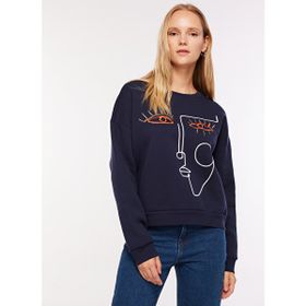 Fabrika F3WL-SWT2 Bisiklet Yaka Nakışlı Lacivert Kadın Sweatshirt