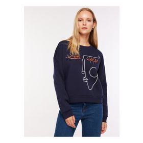 Fabrika F3WL-SWT2 Bisiklet Yaka Nakışlı Lacivert Kadın Sweatshirt