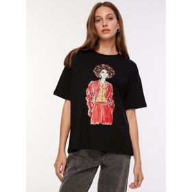 Fabrika F3WL-TST3 Bisiklet Yaka Baskılı Siyah Kadın T-Shirt