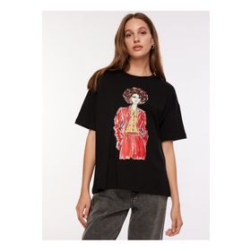 Fabrika F3WL-TST3 Bisiklet Yaka Baskılı Siyah Kadın T-Shirt