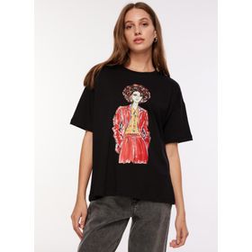 Fabrika F3WL-TST3 Bisiklet Yaka Baskılı Siyah Kadın T-Shirt