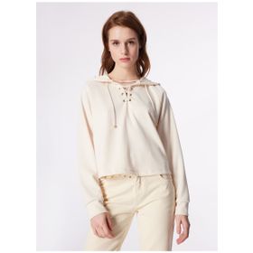 Fabrika F4SL-SWT0192 Açık Bej Kapüşon Yaka Düz Kadın Sweatshirt