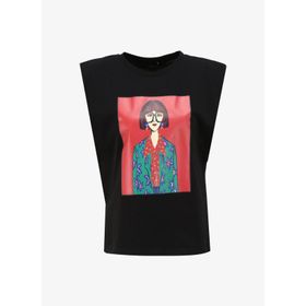 Fabrika F4SL-TST0221 Siyah Bisiklet Yaka Baskılı Kadın T-shirt