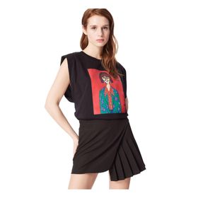 Fabrika F4SL-TST0221 Siyah Bisiklet Yaka Baskılı Kadın T-shirt