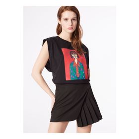 Fabrika F4SL-TST0221 Siyah Bisiklet Yaka Baskılı Kadın T-shirt