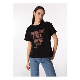 Fabrika F4SL-TST0360 Bisiklet Yaka Baskılı Siyah Kadın T-Shirt