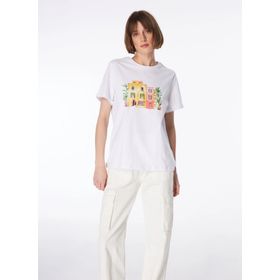 Fabrika F4SL-TST0640 Bisiklet Yaka Baskılı Kırık Beyaz Kadın T-Shirt