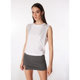 Fabrika F4SL-TST0664 Bisiklet Yaka Taşlı Beyaz Kadın T-Shirt