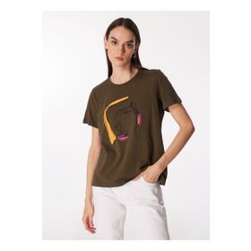 Fabrika F4SL-TST0726 Bisiklet Yaka Baskılı Haki Kadın T-Shirt