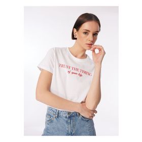 Fabrika F4SL-TST0747 Beyaz Bisiklet Yaka Basic Kadın T-shirt