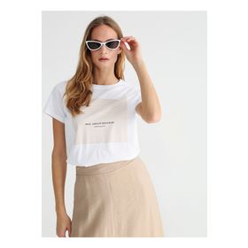 Fabrika Omar-2 Beyaz Bisiklet Yaka Baskılı Kadın T-shirt