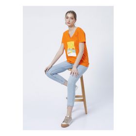 Fabrika TANDORI V Yaka Basic Baskılı Turuncu Kadın T-Shirt