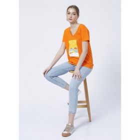 Fabrika TANDORI V Yaka Basic Baskılı Turuncu Kadın T-Shirt