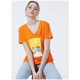 Fabrika TANDORI V Yaka Basic Baskılı Turuncu Kadın T-Shirt